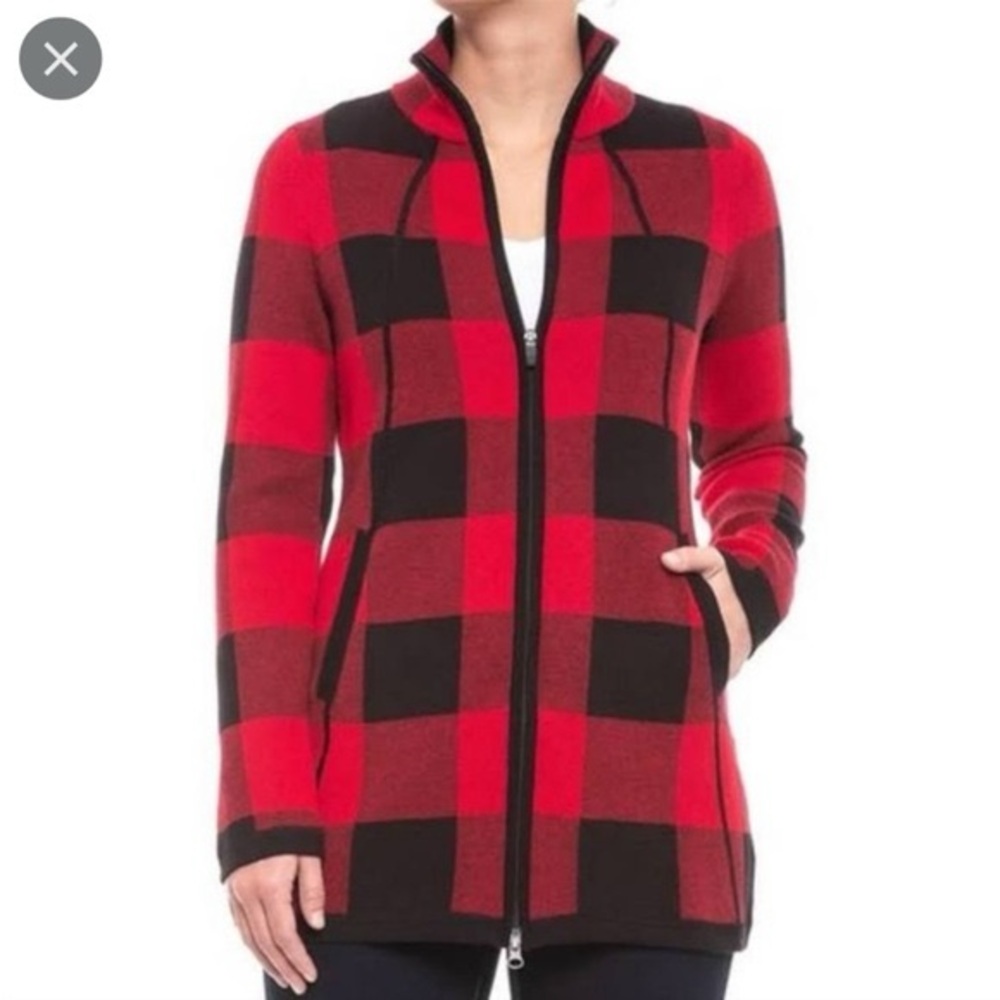 Adrienne Vittadini Red and Black Checkered Full Zip Knit Jacket